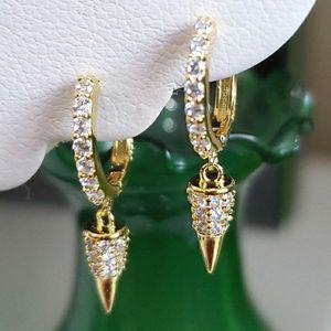 18KT GOLD/925 STERLING SILVER HUGGIE HOOP CRYSTAL DIAMOND DANGLE EARRINGS☆NEW